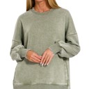 Small LT Olive Acid Wash Fleece Hi-low Hem Pullover with Pockets