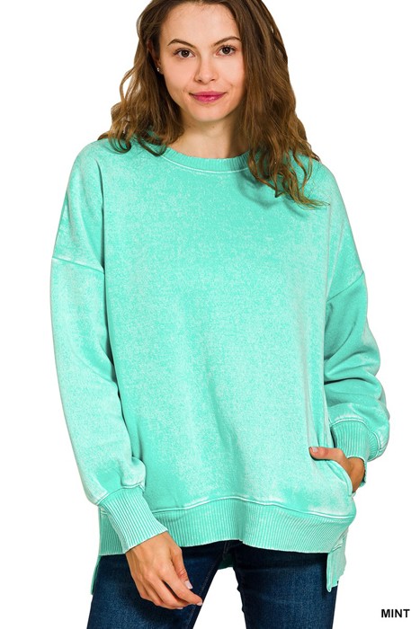 Acid Wash Fleece Hi-low Hem Pullover with Pockets