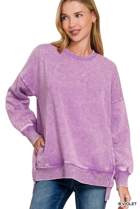 Acid Wash Fleece Hi-low Hem Pullover with Pockets