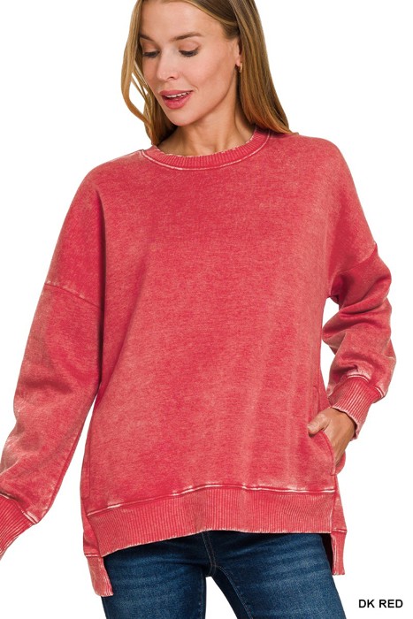 Acid Wash Fleece Hi-low Hem Pullover with Pockets