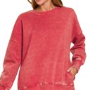 Small DK Red Acid Wash Fleece Hi-low Hem Pullover with Pockets