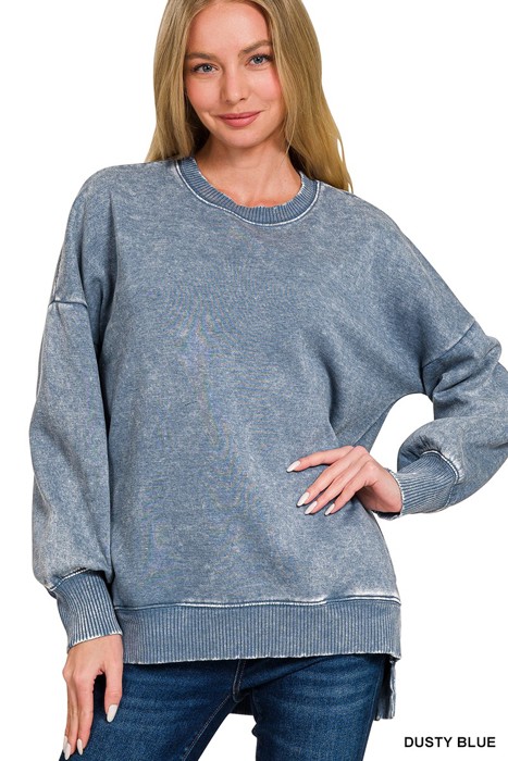 Acid Wash Fleece Hi-low Hem Pullover with Pockets