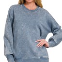 Small Dusty Blue Acid Wash Fleece Hi-low Hem Pullover with Pockets