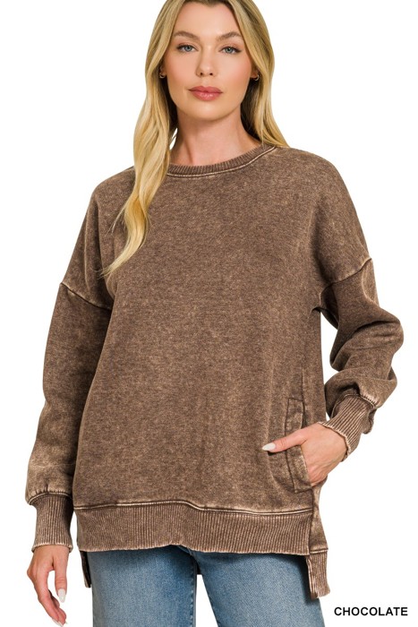 Acid Wash Fleece Hi-low Hem Pullover with Pockets