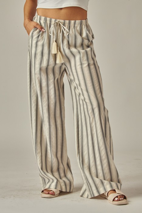 Striped Linen Blend Tassel Drawstring Pants