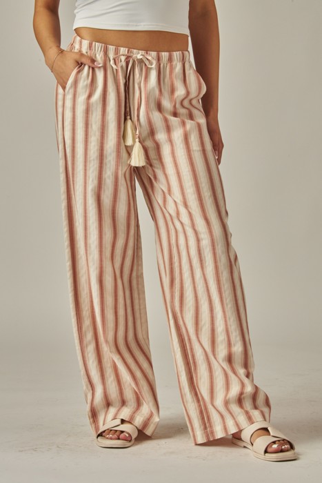 Striped Linen Blend Tassel Drawstring Pants