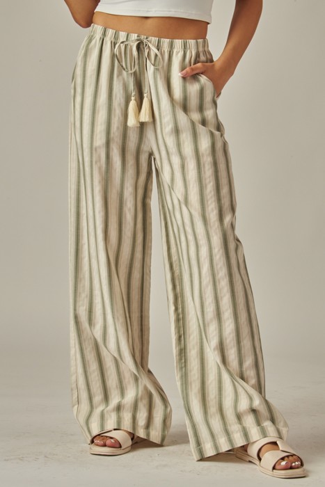 Striped Linen Blend Tassel Drawstring Pants