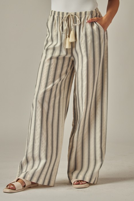 Striped Linen Blend Tassel Drawstring Pants