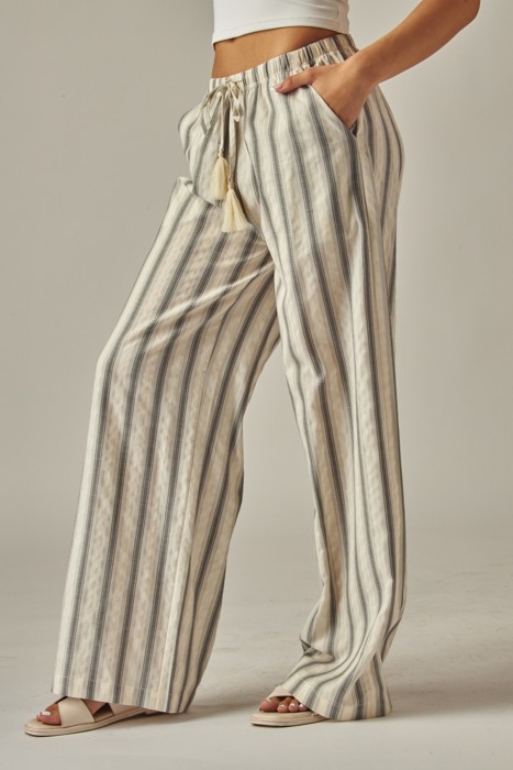 Striped Linen Blend Tassel Drawstring Pants