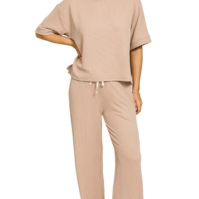ZENANA- Raised Rib Short Sleeve Tee & Pants Set