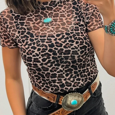 Khaki Leopard Print Sheer Mesh Short Sleeve Top