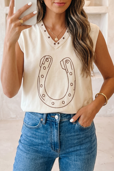 White Horseshoe Embroidered Star Trim Tank Top