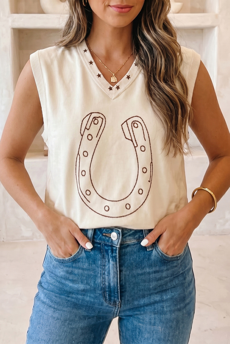 White Horseshoe Embroidered Star Trim Tank Top