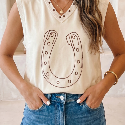 White Horseshoe Embroidered Star Trim Tank Top