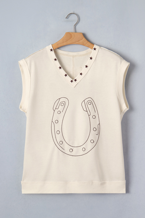 White Horseshoe Embroidered Star Trim Tank Top