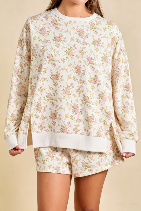 Beige Ditsy Floral Long Sleeve Sweatshirt & Pocketed Shorts Set