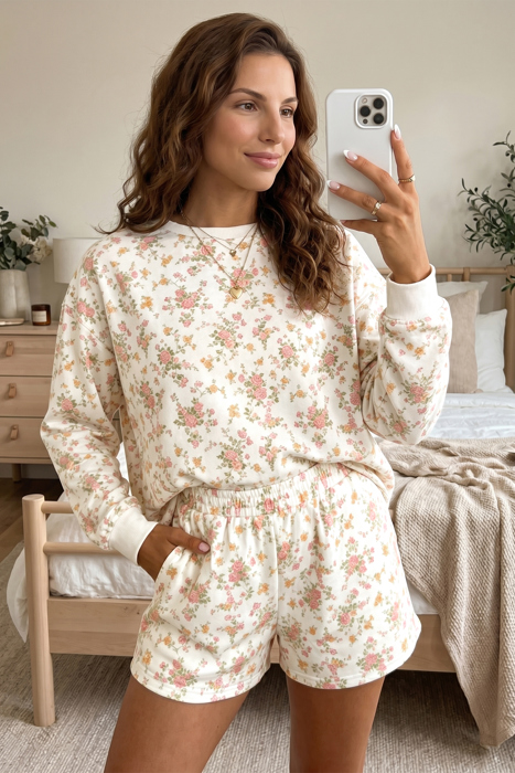 Beige Ditsy Floral Long Sleeve Sweatshirt & Pocketed Shorts Set