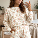  Beige Ditsy Floral Long Sleeve Sweatshirt & Pocketed Shorts Set