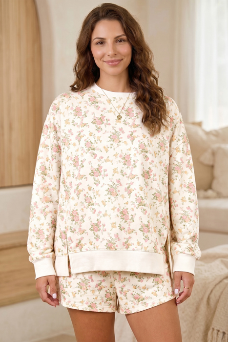 Beige Ditsy Floral Long Sleeve Sweatshirt & Pocketed Shorts Set