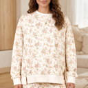  Beige Ditsy Floral Long Sleeve Sweatshirt & Pocketed Shorts Set