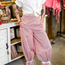  Red Stripe Contrast Lace Ribbon Tie Detail Wide Leg Pants