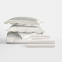 King Distressed Stripe Light Blue Bedding Bundle, Patterned Microfiber Comforter Set and Solid Sheet Set