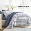 Queen Farmhouse Dreams Navy Bedding Bundle, Patterned Microfiber Comforter Set and Solid Sheet Set