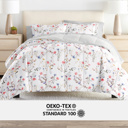 Twin XL Meadow Floral Stripe Pink Bedding Bundle, Patterned Microfiber Comforter Set and Solid Sheet Set