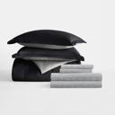 California King Chambray Black / Fog Bedding Bundle, Reversible Microfiber Comforter Set and Patterned Sheet Set