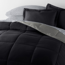 Full/Double Chambray Black / Fog Bedding Bundle, Reversible Microfiber Comforter Set and Patterned Sheet Set