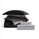 Twin Chambray Black / Fog Bedding Bundle, Reversible Microfiber Comforter Set and Patterned Sheet Set