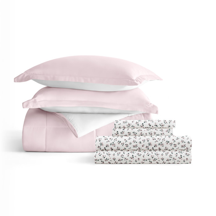 Bedding Bundle, Reversible Microfiber Comforter Set and Patterned Sheet Set