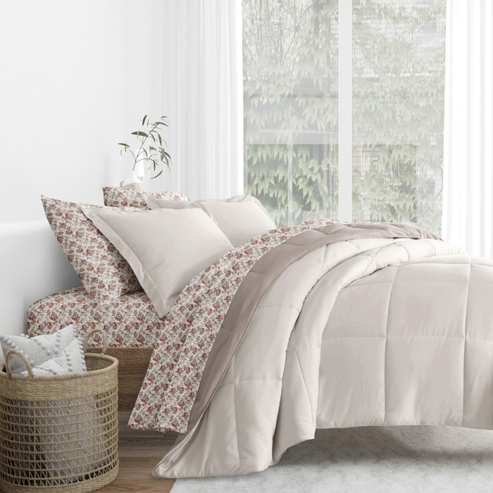 Bedding Bundle, Reversible Microfiber Comforter Set and Patterned Sheet Set
