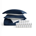 Twin Distressed Field Stripe Navy / Light Gray Bedding Bundle, Reversible Microfiber Comforter Set and Patterned Sheet Set