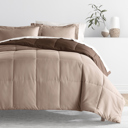 Queen Thatch Taupe / Chocolate Bedding Bundle, Reversible Microfiber Comforter Set and Patterned Sheet Set
