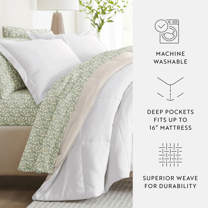 Bedding Bundle, Reversible Microfiber Comforter Set and Patterned Sheet Set