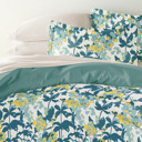 Queen Boho Flower Teal Bedding Bundle, Patterned Duvet Cover Set, White Comforter and Solid Sheet Set