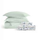 King Mint Bedding Bundle, Solid Duvet Cover Set, White Comforter and Patterned Sheet Set