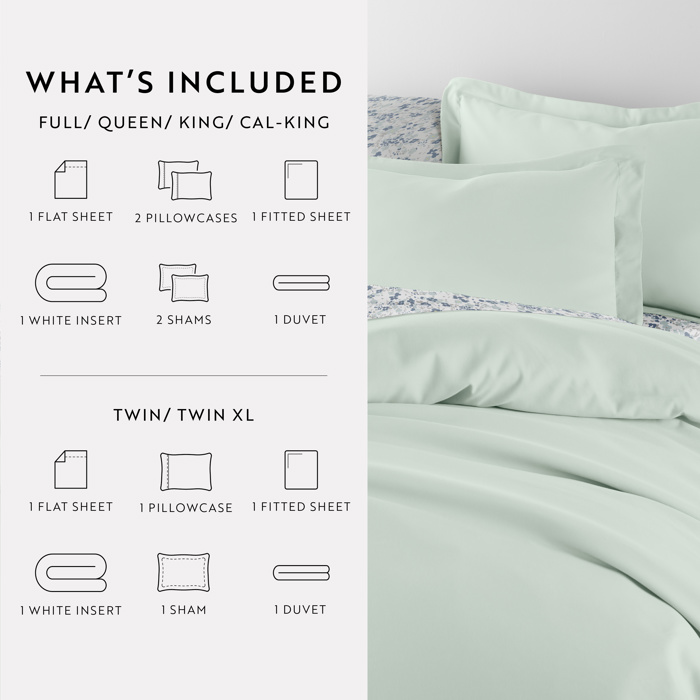 Bedding Bundle, Solid Duvet Cover Set, White Comforter and Patterned Sheet Set