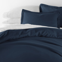 California King Navy Bedding Bundle, Solid Duvet Cover Set, White Comforter and Patterned Sheet Set
