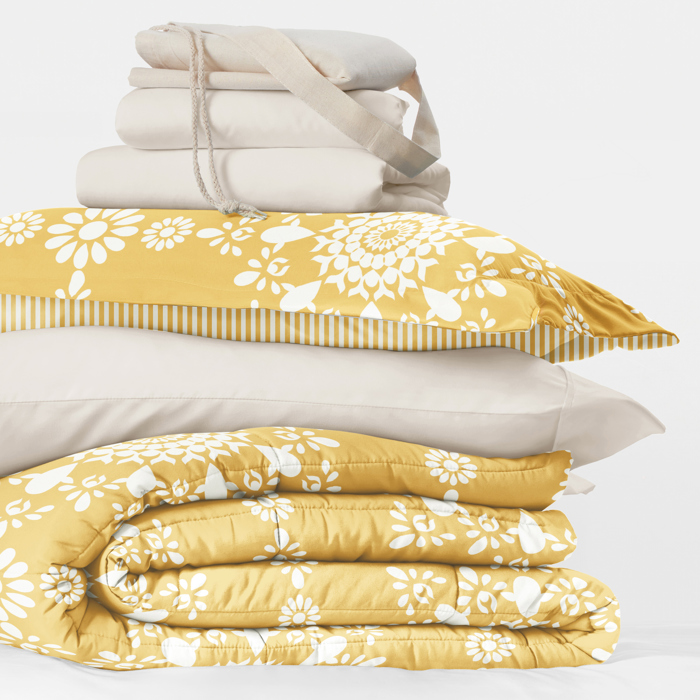 Campus Ready Dorm Bedding Bundle, Patterned Comforter Set, Solid Sheet Set, Pillows and Laundry Bag