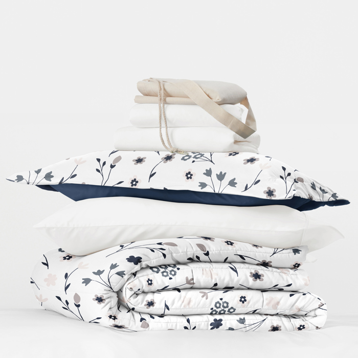 Campus Ready Dorm Bedding Bundle, Patterned Comforter Set, Solid Sheet Set, Pillows and Laundry Bag