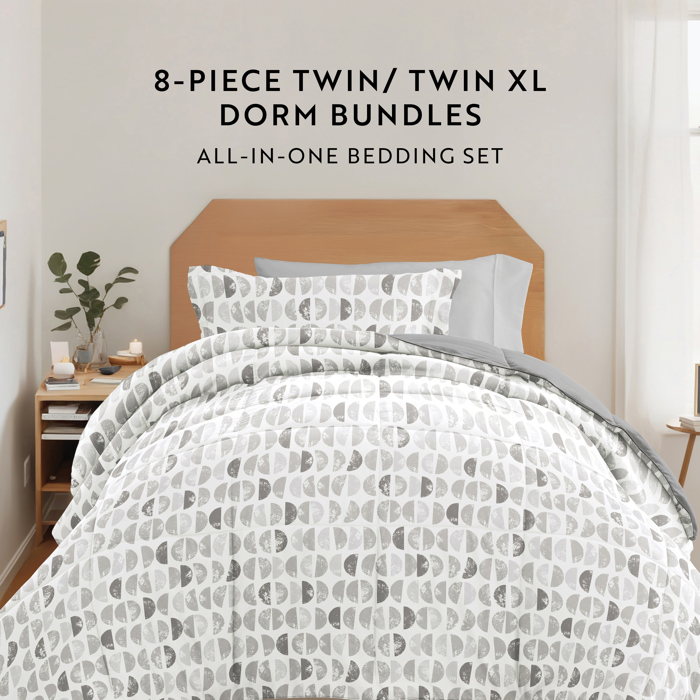 Campus Ready Dorm Bedding Bundle, Patterned Comforter Set, Solid Sheet Set, Pillows and Laundry Bag