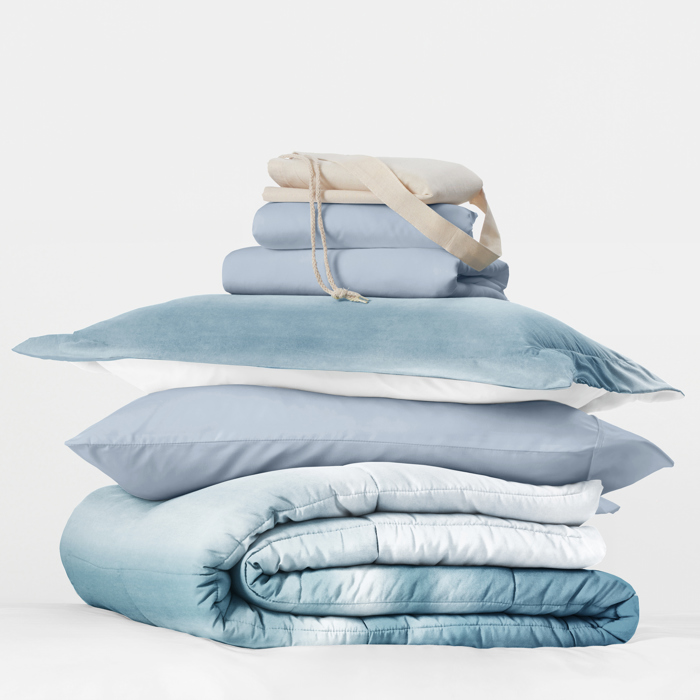Campus Ready Dorm Bedding Bundle, Patterned Comforter Set, Solid Sheet Set, Pillows and Laundry Bag