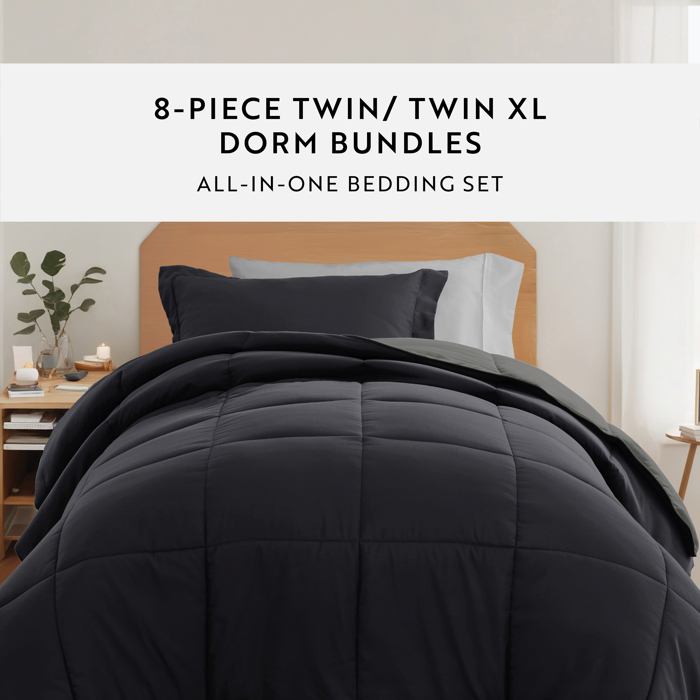 Ultimate College Essentials Bedding Bundle, Reversible Comforter Set, Solid Sheet Set, Pillows and Laundry Bag