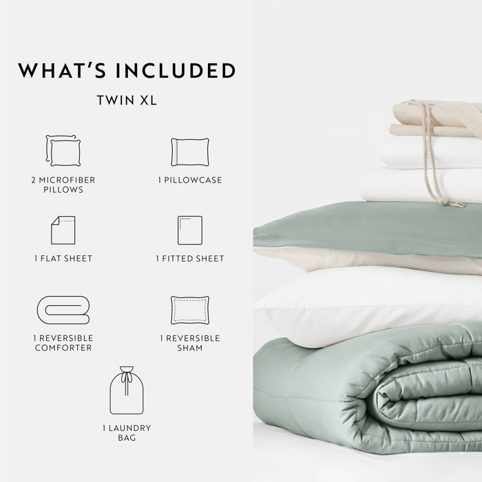Ultimate College Essentials Bedding Bundle, Reversible Comforter Set, Solid Sheet Set, Pillows and Laundry Bag