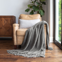 Gray Throw Blanket Slub-Yarn Basketweave with Fringed Edges