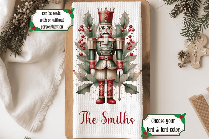 Personalized Nutcracker Waffle Weave Towel, Christmas Holiday Kitchen Hand Towel, Christmas Gift