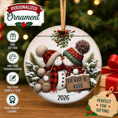 Personalized Kissing Snowman Couple Ceramic Ornament