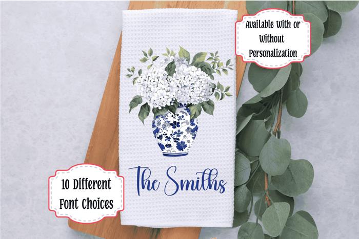 Personalized Hydrangea Waffle Weave Kitchen Towel, Blue Chinoiserie Decor, Hostess or Housewarming Gift